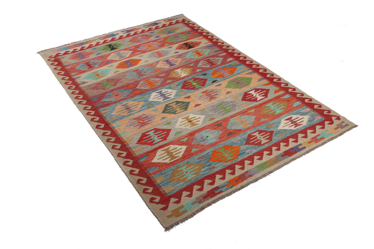 Kelim Teppich mit roten Streifen und Medaillons, 250 × 175 cm, KT-30446 – Ansicht 2