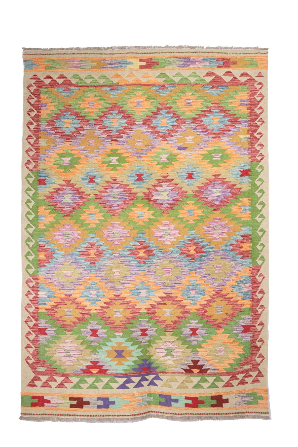 Bunter Kelim Teppich mit rosa Rauten und roter Bordüre, 255 × 170 cm, KT-29023 – Gesamtansicht