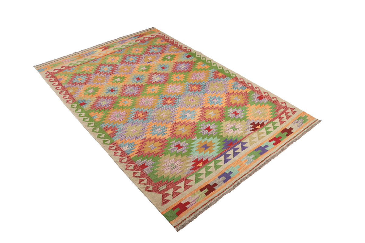 Bunter Kelim Teppich mit rosa Rauten und roter Bordüre, 255 × 170 cm, KT-29023 – Ansicht 2