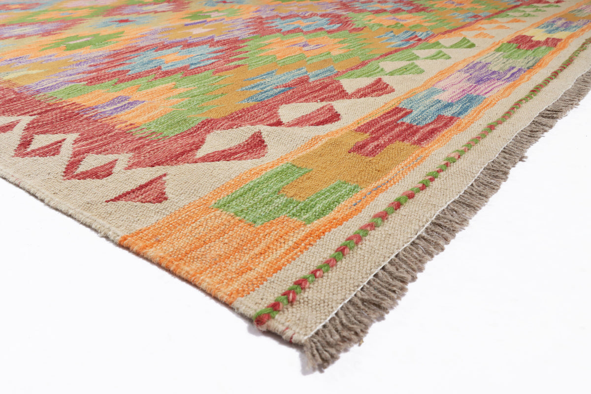 Bunter Kelim Teppich mit rosa Rauten und roter Bordüre, 255 × 170 cm, KT-29023 – Ansicht 3