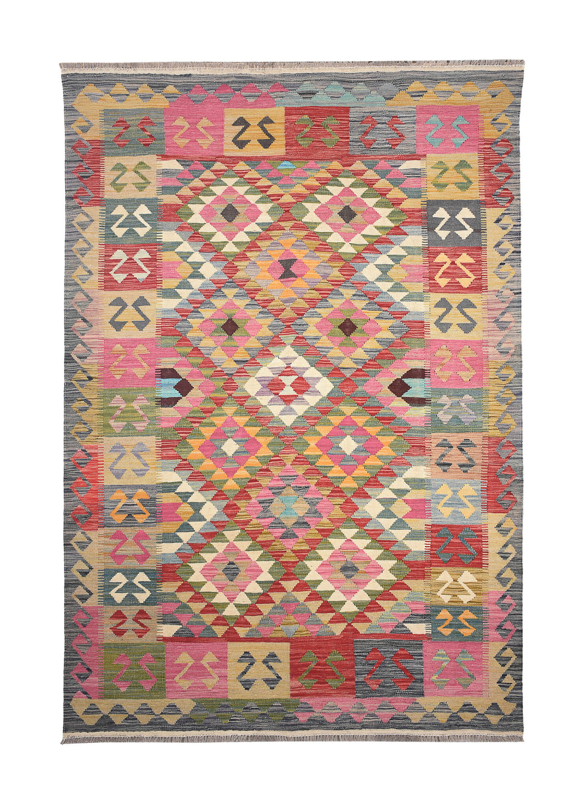 Bunter Kelim Teppich mit geometrischen Musterfeldern, 256 × 174 cm, KT-29562 – Gesamtansicht