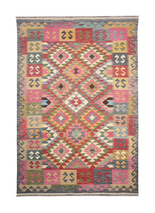 Bunter Kelim Teppich mit geometrischen Musterfeldern, 256 × 174 cm, KT-29562 – Gesamtansicht