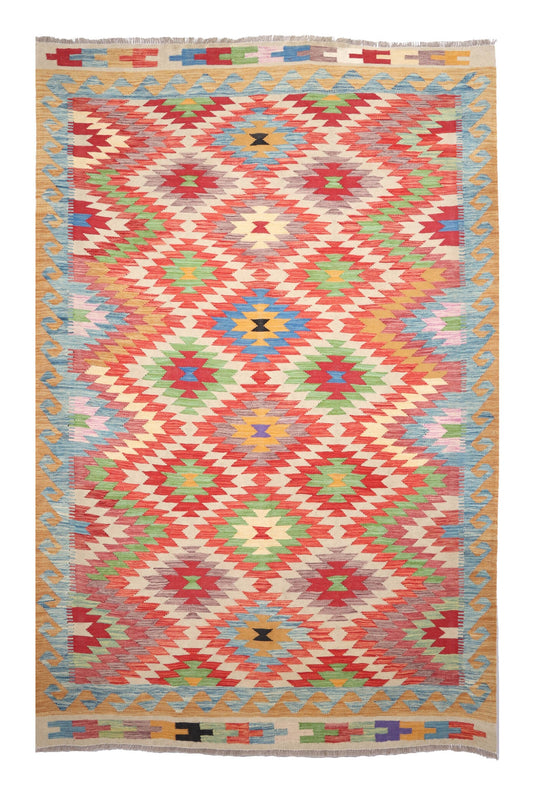Kelim Teppich mit roten Zacken und bunten Rauten, 260 × 174 cm, KT-30439 – Gesamtansicht