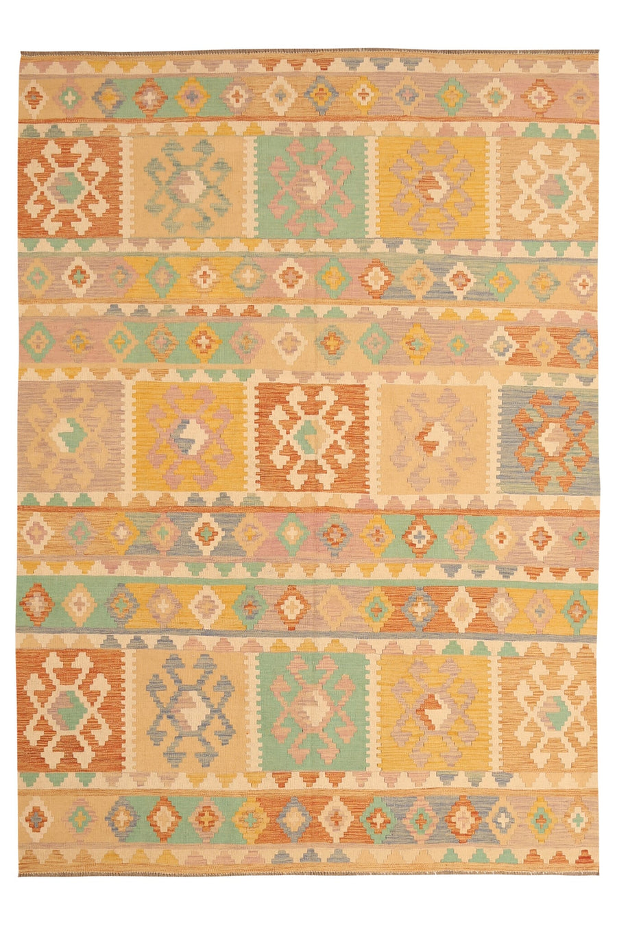 Ochre Geometric Stripe Kilim Rug, 283 × 200 cm — full view