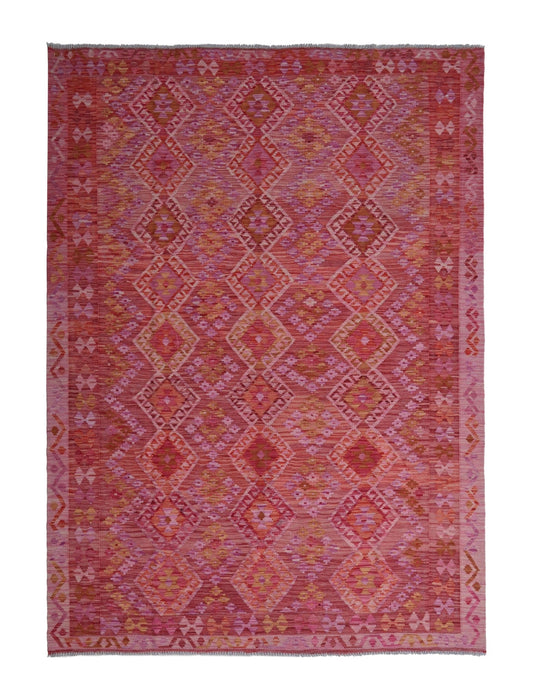 Rosa-roter Kelim Teppich mit feinen Rautenlinien, 284 × 207 cm, KT-9491 – Gesamtansicht