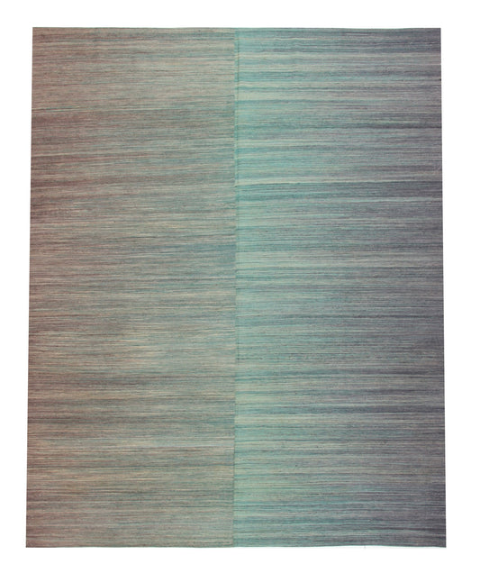 Grüner Kelim Teppich mit feiner Streifenstruktur, 291 × 241 cm, KT-13342 – Gesamtansicht