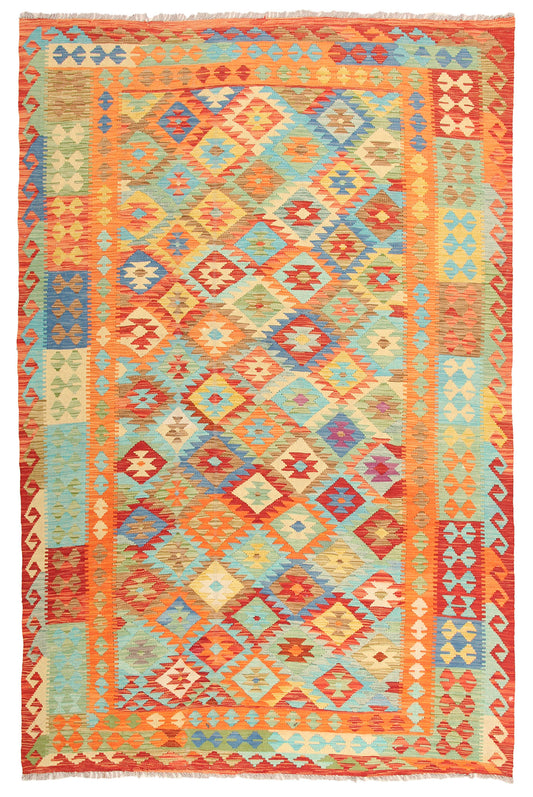 Kelim Teppich in Orange und Türkis mit bunten Rauten, 293 × 196 cm, KT-2392 – Gesamtansicht