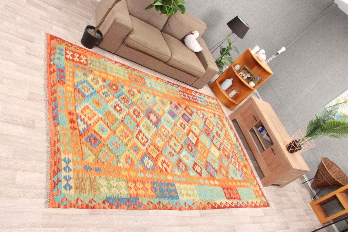 Orange and Turquoise Diamond Kilim Rug, 293 × 196 cm — view 2