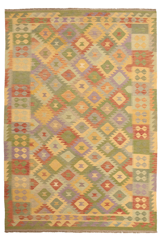 Kelim Teppich in Naturtönen mit Rauten und Musterfeldern, 294 × 200 cm, KT-29937 – Gesamtansicht