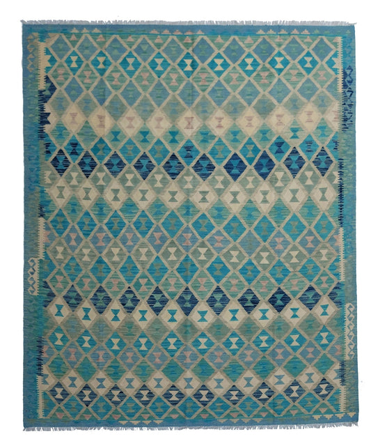 Blaugrüner Kelim Teppich mit feinen Rautenreihen, 294 × 240 cm, KT-Bt-13538-294x240 – Gesamtansicht