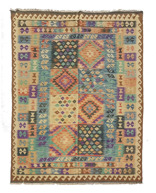 Kelim Teppich mit buntem Kassettenmuster, 295 × 195 cm, KT-6348 – Gesamtansicht