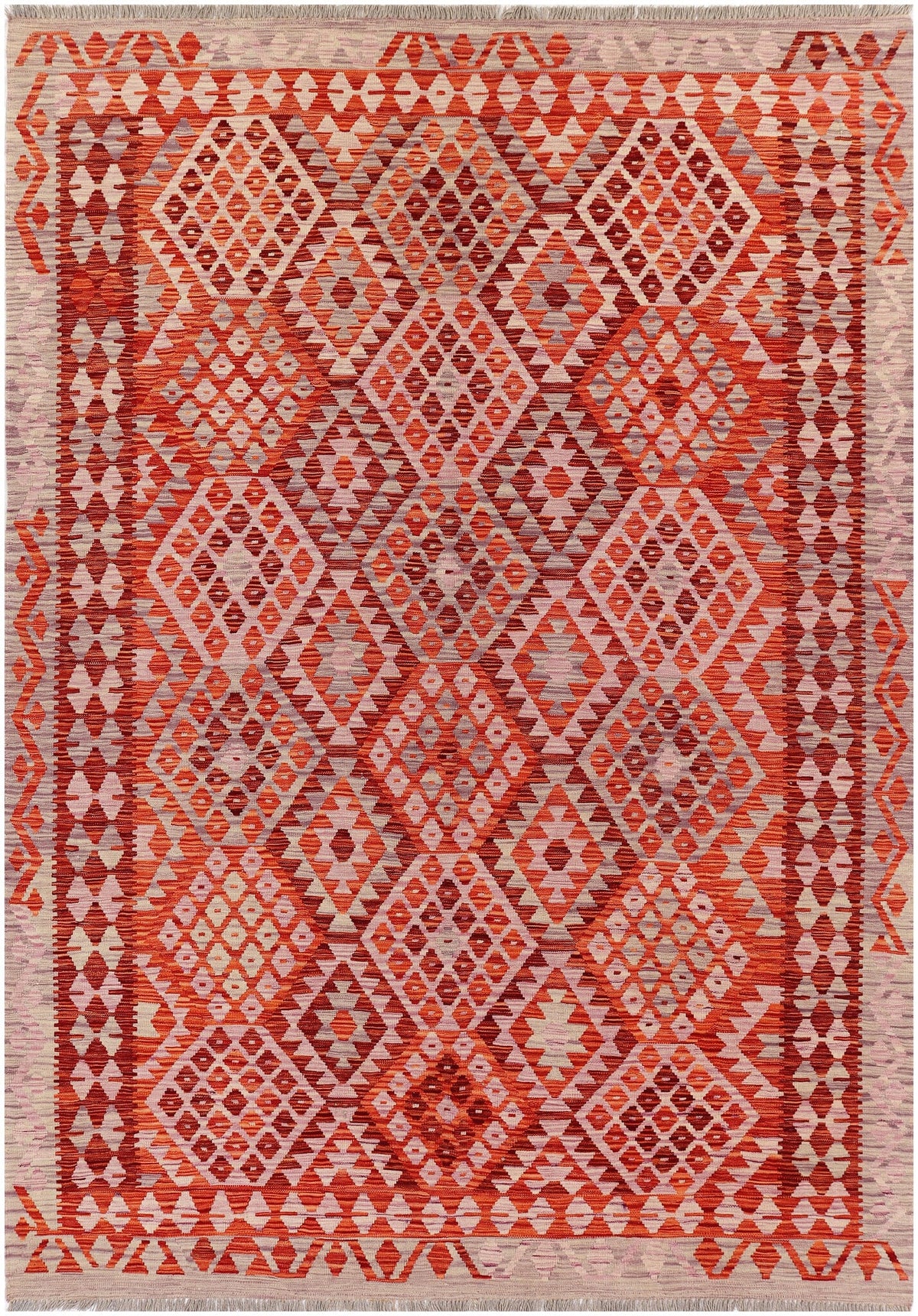 Red Kilim Rug with Fine Light Diamonds, 295 × 205 cm — full view