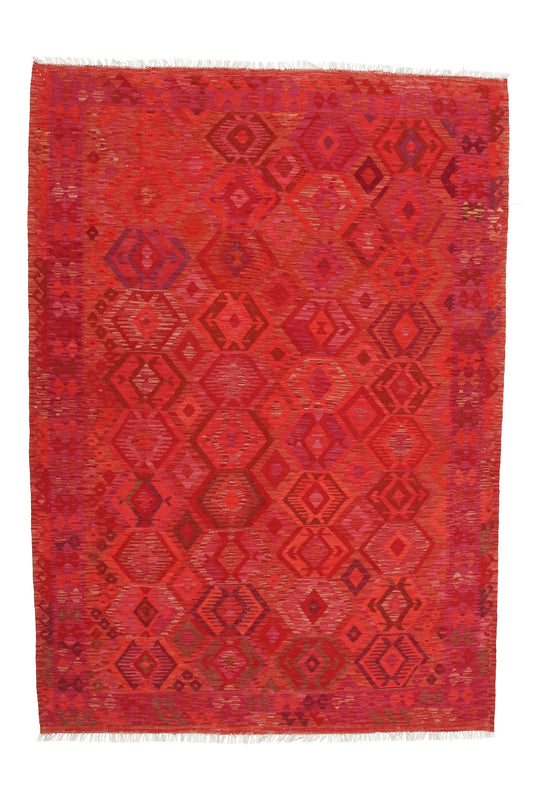 Roter Kelim Teppich mit dezentem Rautenmuster, 295 × 205 cm, KT-9182 – Gesamtansicht
