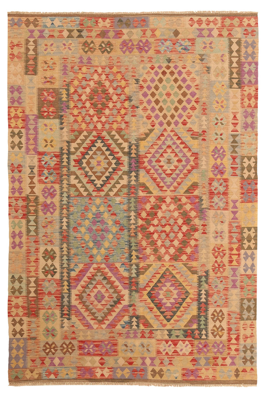 Earth Tone Geometric Panel Kilim Rug, 297 × 199 cm — full view