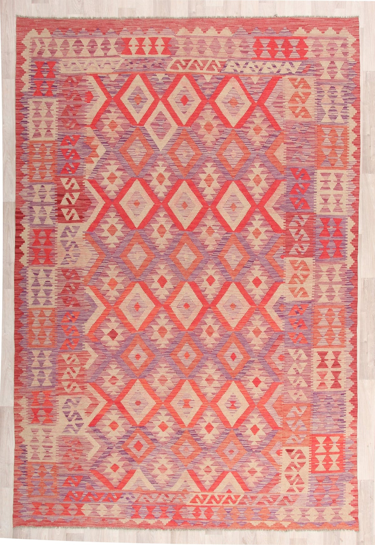 Pink and Red Kilim Rug with Light Border, 297 × 199 cm — full view