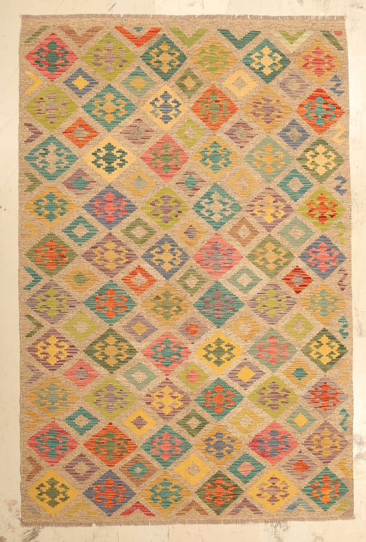 Kelim Teppich mit buntem Rautengitter auf hellem Grund, 298 × 196 cm, KT-7298-B49-298x196 – Gesamtansicht