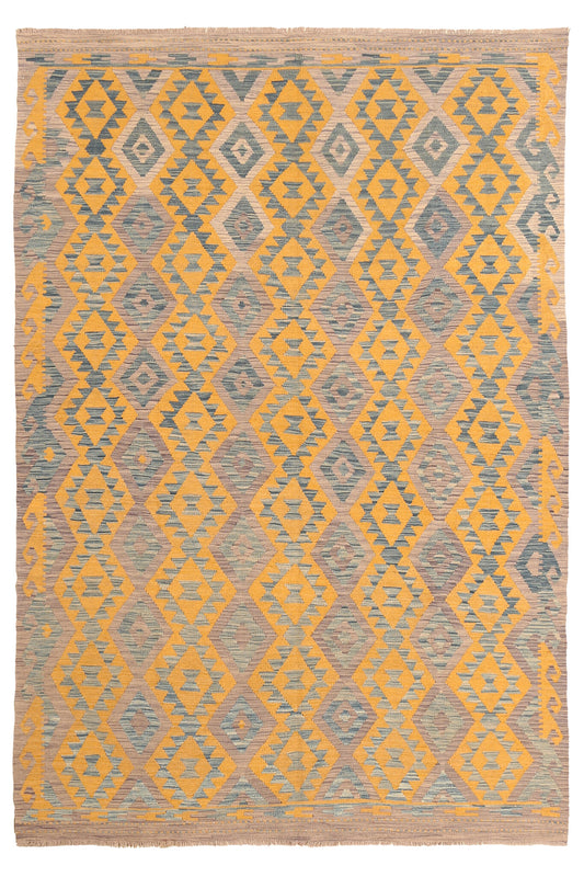 Kelim Teppich in Gelb und Blau mit feinen Rauten, 298 × 205 cm, KT-2248 – Gesamtansicht