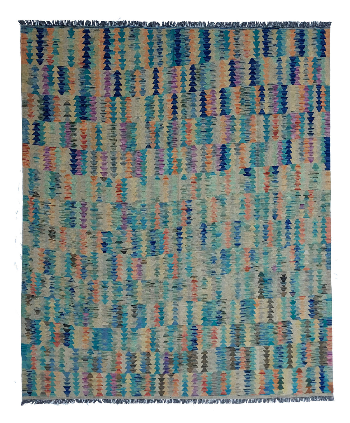 Blauer Kelim Teppich mit buntem Streifenmosaik, 299 × 249 cm, KT-Bt-13523-299x249 – Gesamtansicht