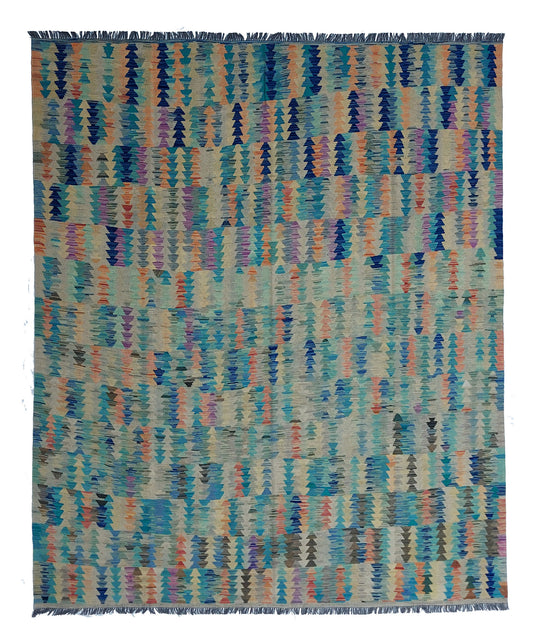 Blauer Kelim Teppich mit buntem Streifenmosaik, 299 × 249 cm, KT-Bt-13523-299x249 – Gesamtansicht