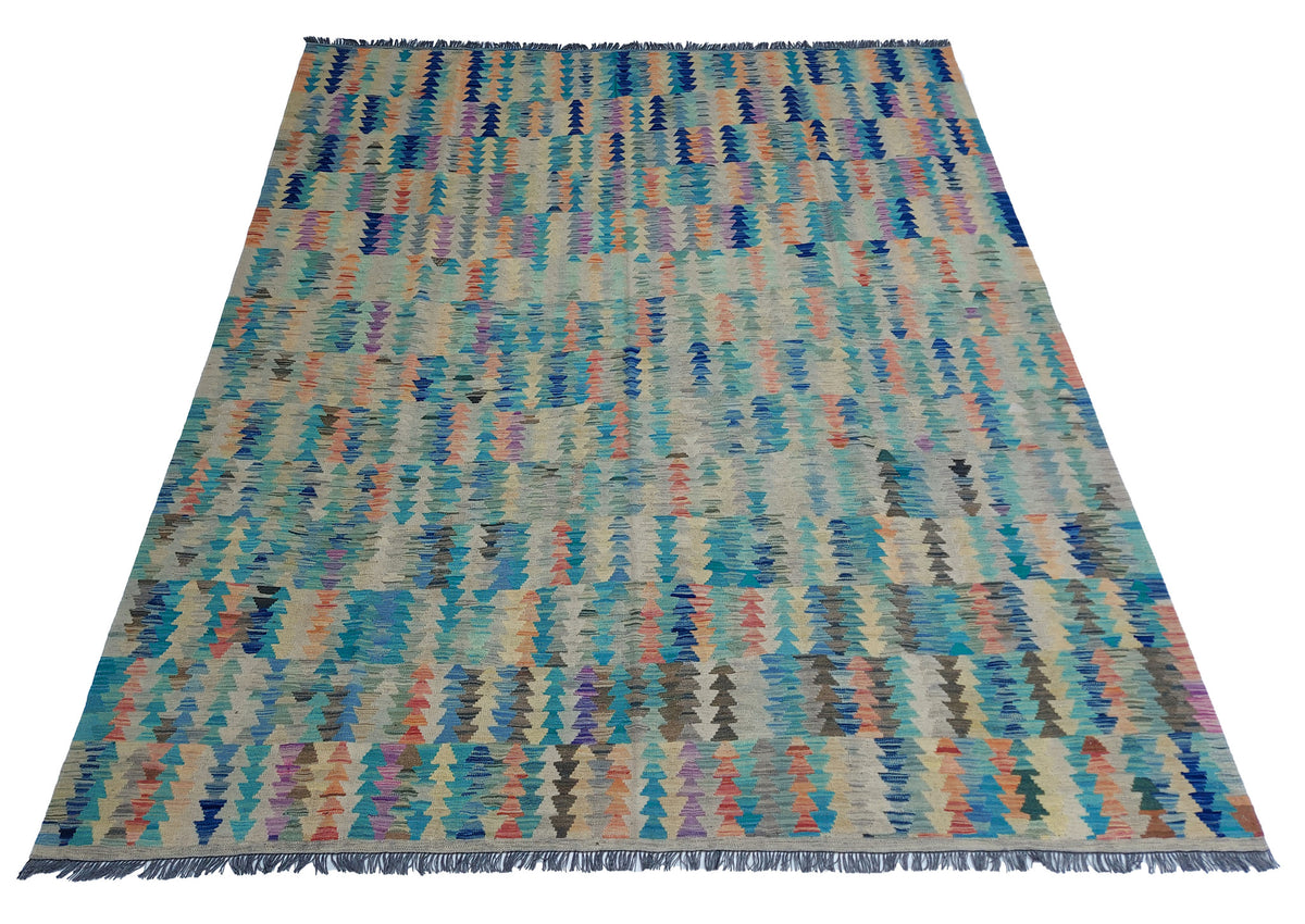 Blauer Kelim Teppich mit buntem Streifenmosaik, 299 × 249 cm, KT-Bt-13523-299x249 – Ansicht 2