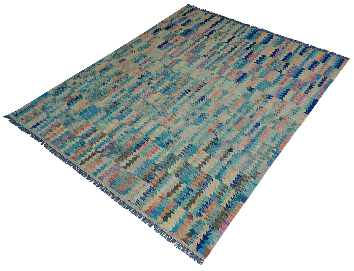 Blauer Kelim Teppich mit buntem Streifenmosaik, 299 × 249 cm, KT-Bt-13523-299x249 – Ansicht 3