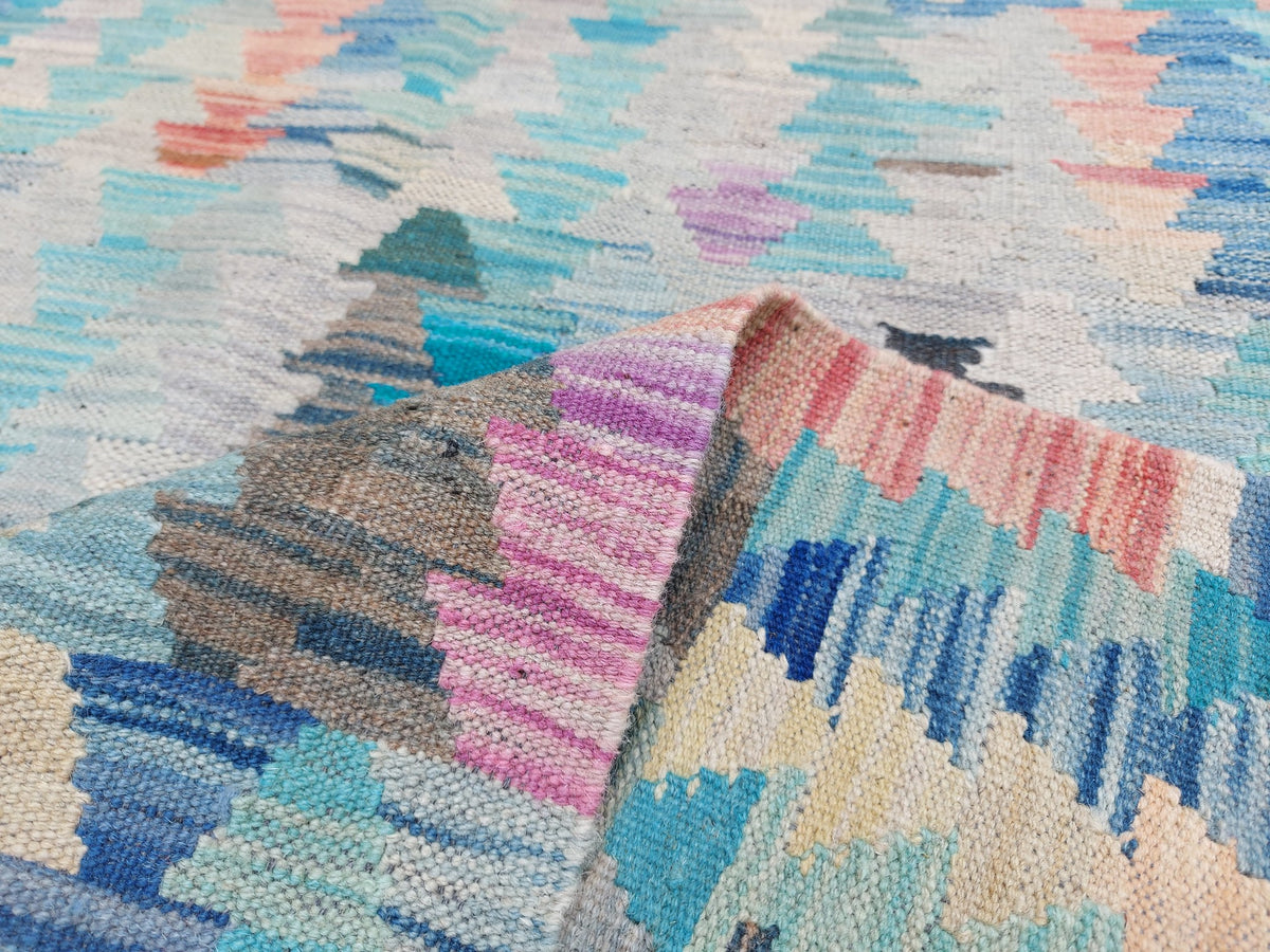 Blauer Kelim Teppich mit buntem Streifenmosaik, 299 × 249 cm, KT-Bt-13523-299x249 – Ansicht 5