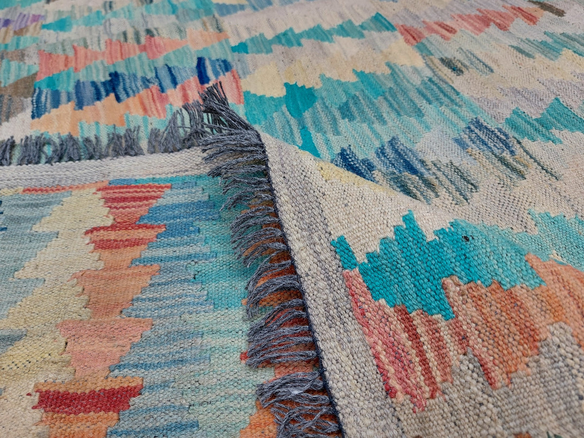 Blauer Kelim Teppich mit buntem Streifenmosaik, 299 × 249 cm, KT-Bt-13523-299x249 – Ansicht 6