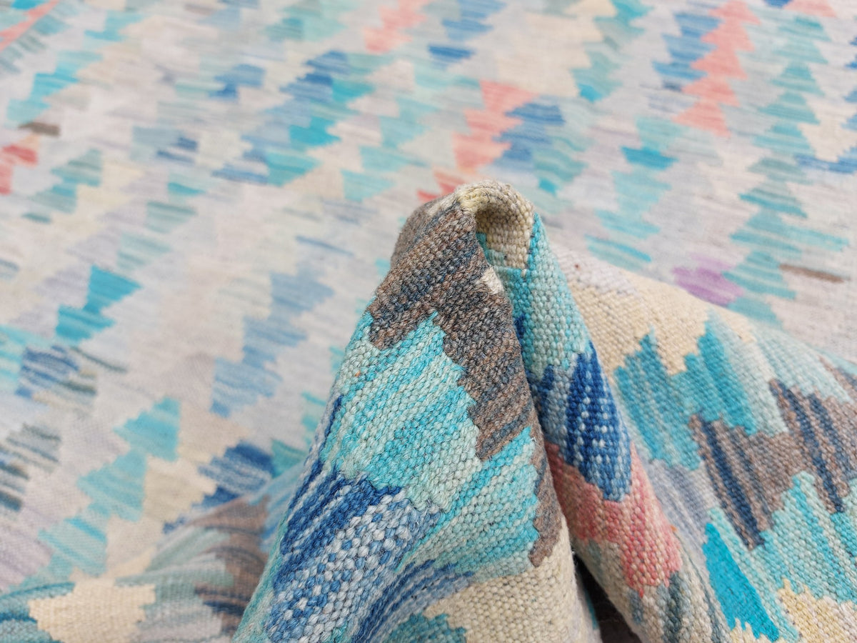 Blauer Kelim Teppich mit buntem Streifenmosaik, 299 × 249 cm, KT-Bt-13523-299x249 – Ansicht 7