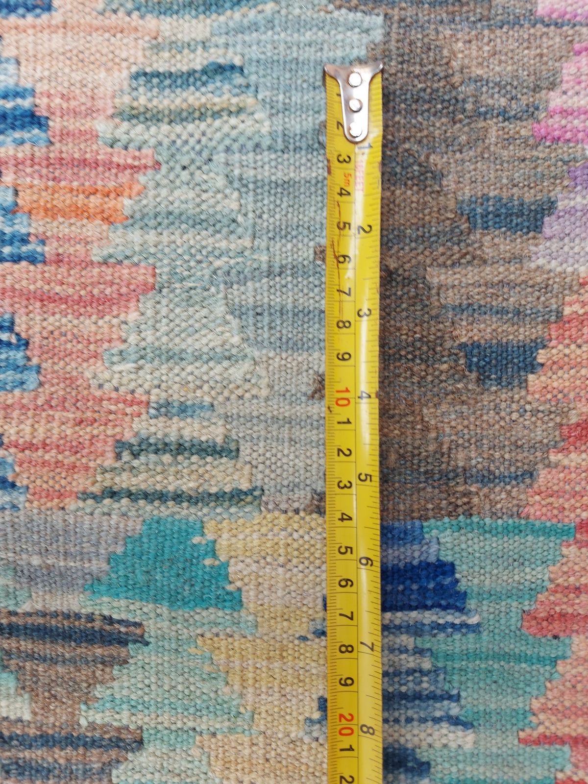 Blauer Kelim Teppich mit buntem Streifenmosaik, 299 × 249 cm, KT-Bt-13523-299x249 – Ansicht 8