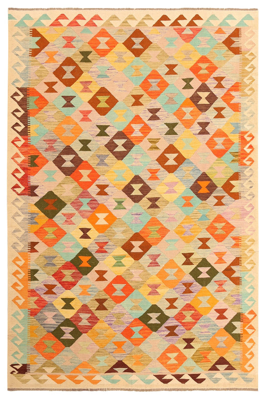 Heller Kelim Teppich mit bunten geometrischen Motiven, 300 × 196 cm, KT-26678 – Gesamtansicht