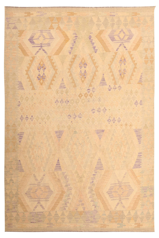 Heller Kelim Teppich in Gelb und Rosa mit Rauten, 300 × 198 cm, KT-19614 – Gesamtansicht