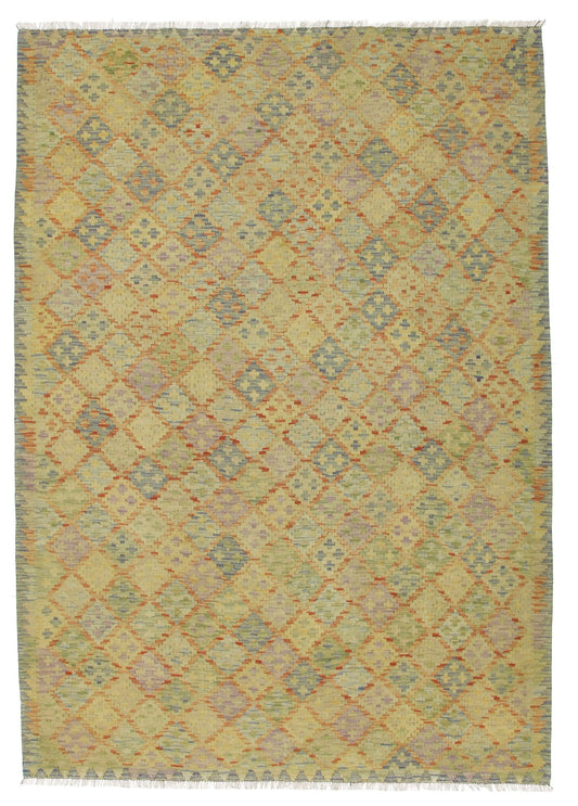 Kelim Teppich in gedecktem Gelb mit feinem Rautenmuster, 300 × 206 cm, KT-Bt-13666-300x206 – Gesamtansicht