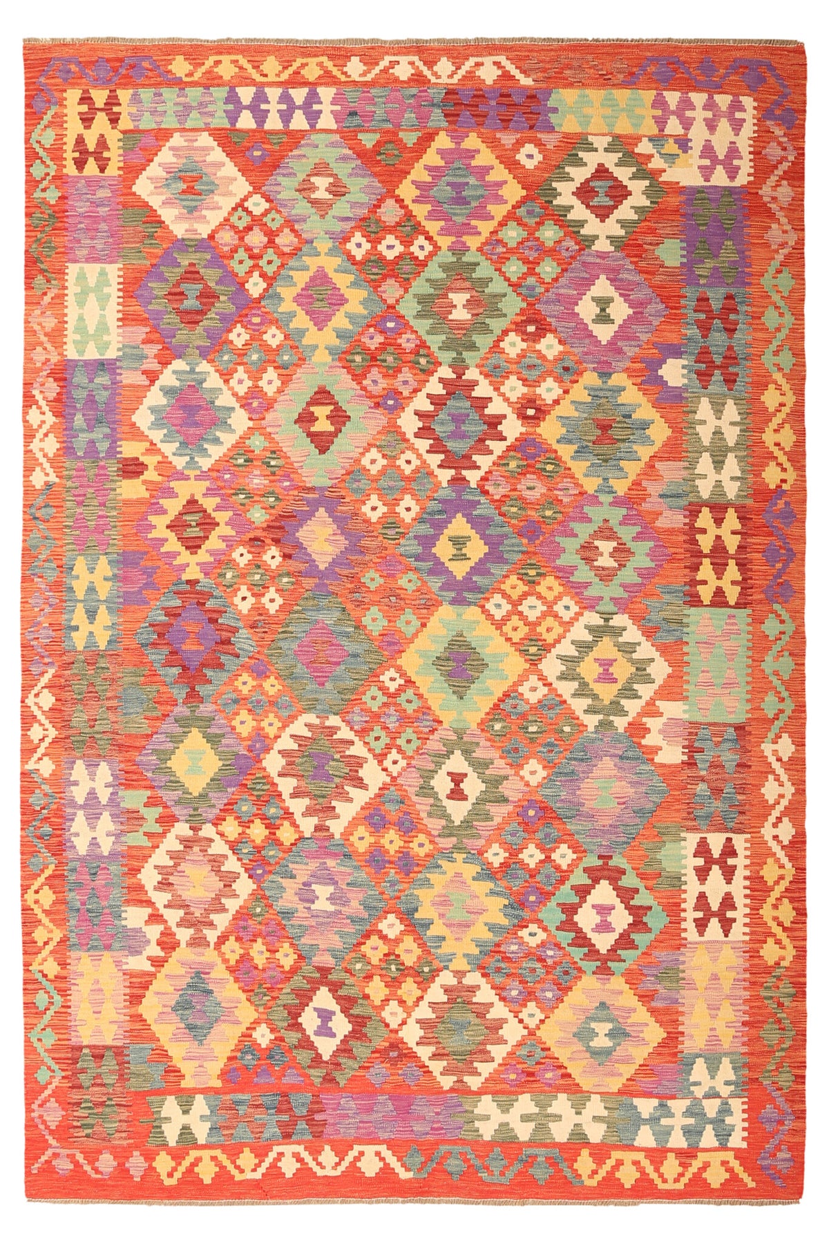 Colorful Kilim Rug with Red Border, 303 × 202 cm — full view