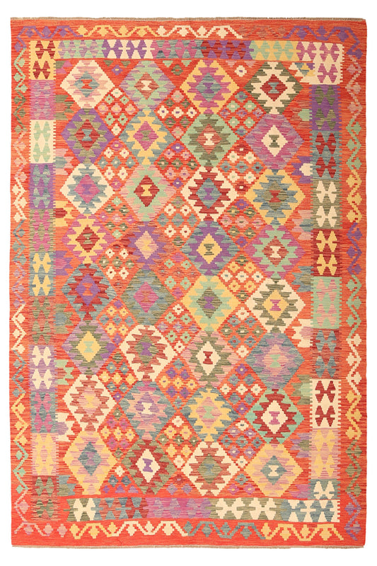 Bunter Kelim Teppich mit roter Musterbordüre, 303 × 202 cm, KT-27434 – Gesamtansicht