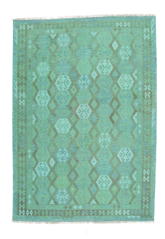 Türkisgrüner Kelim Teppich mit hellen Rauten, 304 × 206 cm, KT-Bt-13641-304x206 – Gesamtansicht