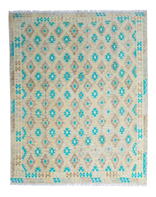 Großer Kelim Teppich in Türkis mit kleinen Rauten, 304 × 256 cm, KT-Bt-13542-304x256 – Gesamtansicht