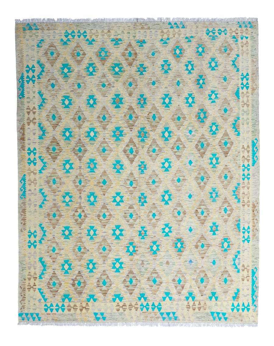 Large Kilim Rug with Turquoise Diamonds, 304 × 256 cm — full view