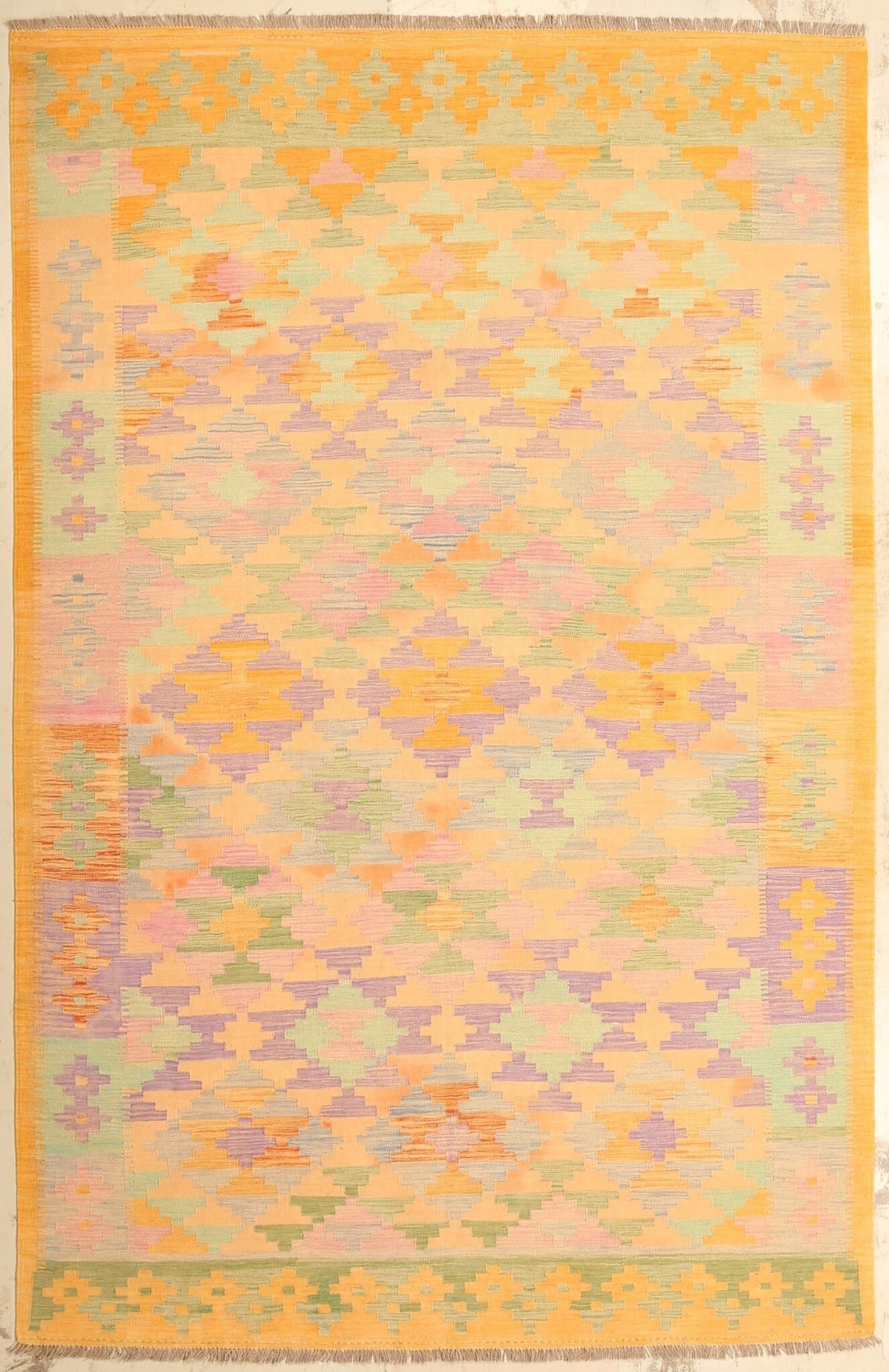Yellow Kilim Rug with Pastel Motifs, 305 × 197 cm — full view