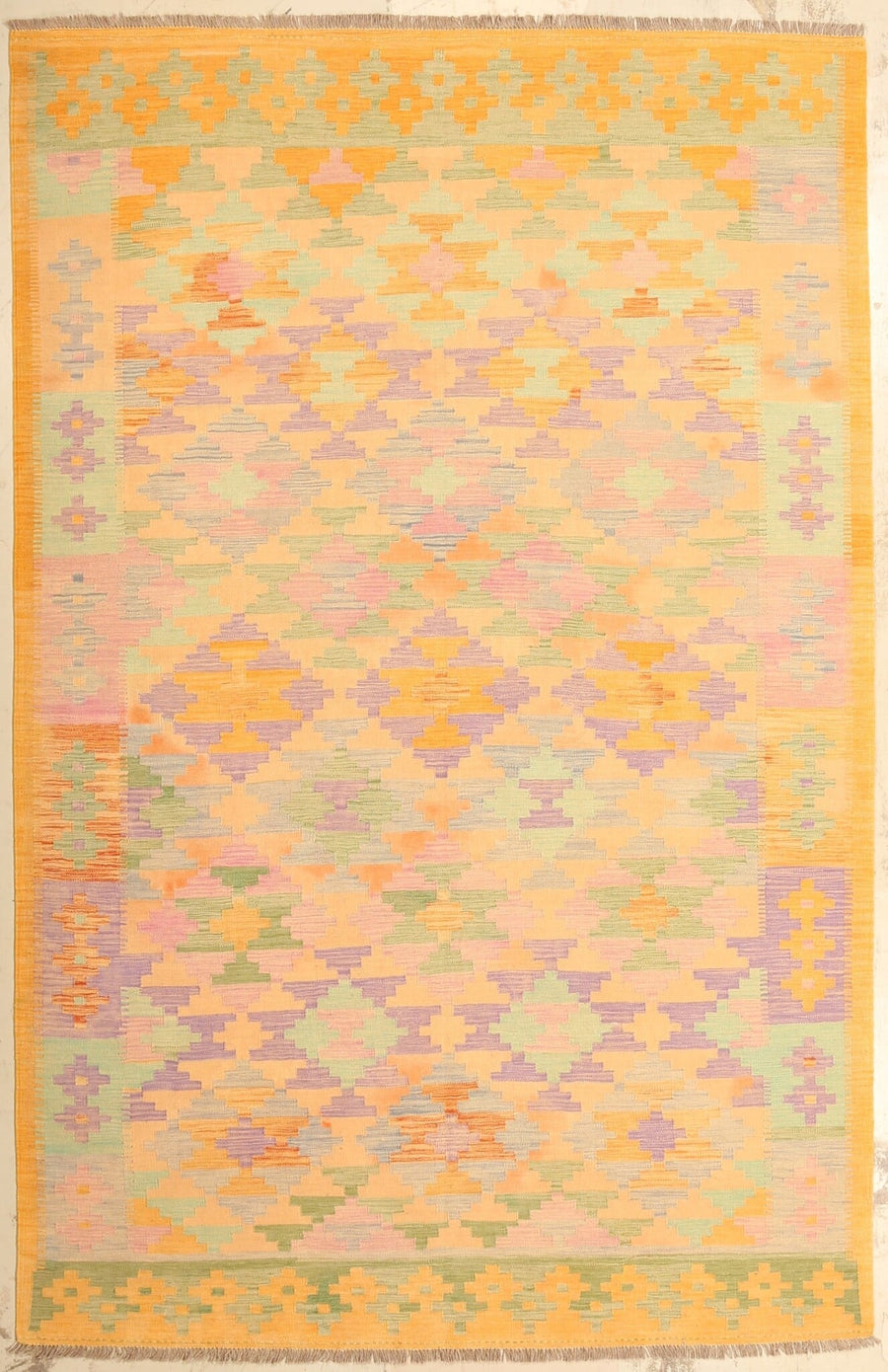 Yellow Kilim Rug with Pastel Motifs, 305 × 197 cm — full view