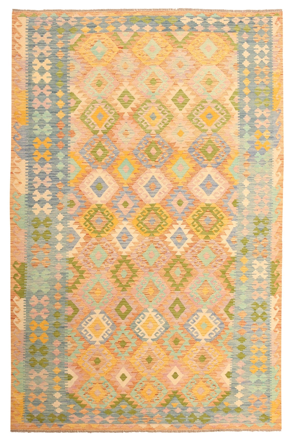 Yellow Kilim Rug with Green Border, 305 × 197 cm — full view