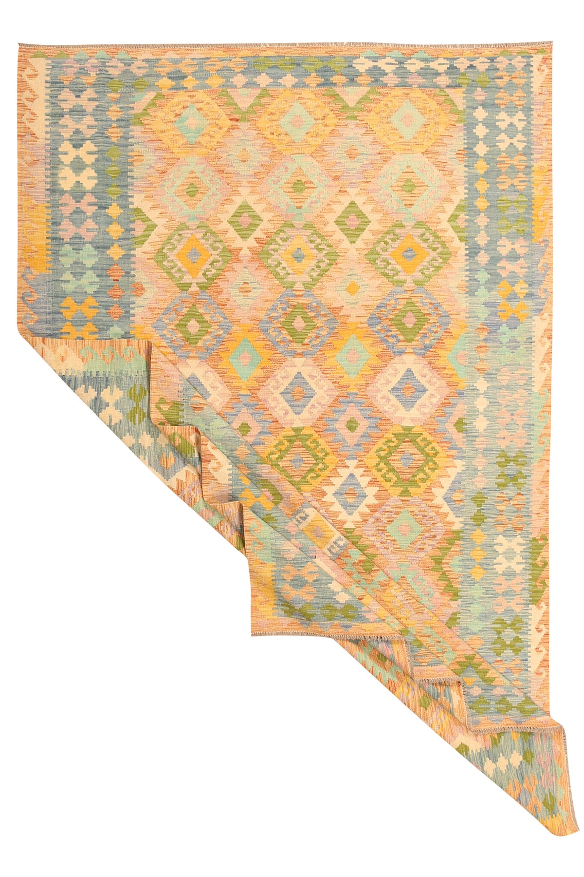 Yellow Kilim Rug with Green Border, 305 × 197 cm — view 2