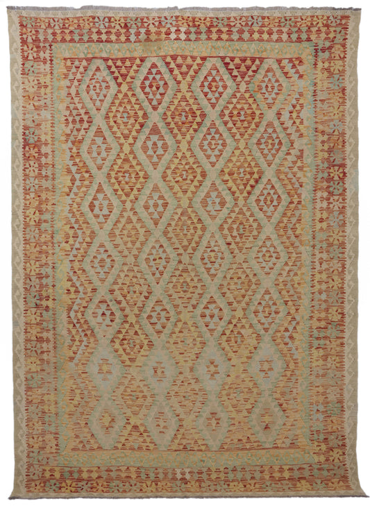Kelim Teppich in Naturtönen mit feinem Rautengitter, 310 × 210 cm, KT-30877 – Gesamtansicht