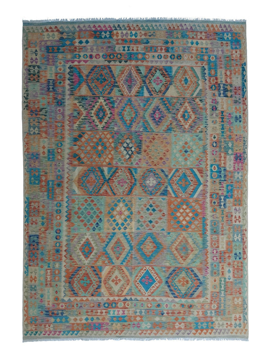 Großer Kelim Teppich in Blau mit Rauten, 349 × 249 cm, KT-Bt-13467-349x249 – Gesamtansicht