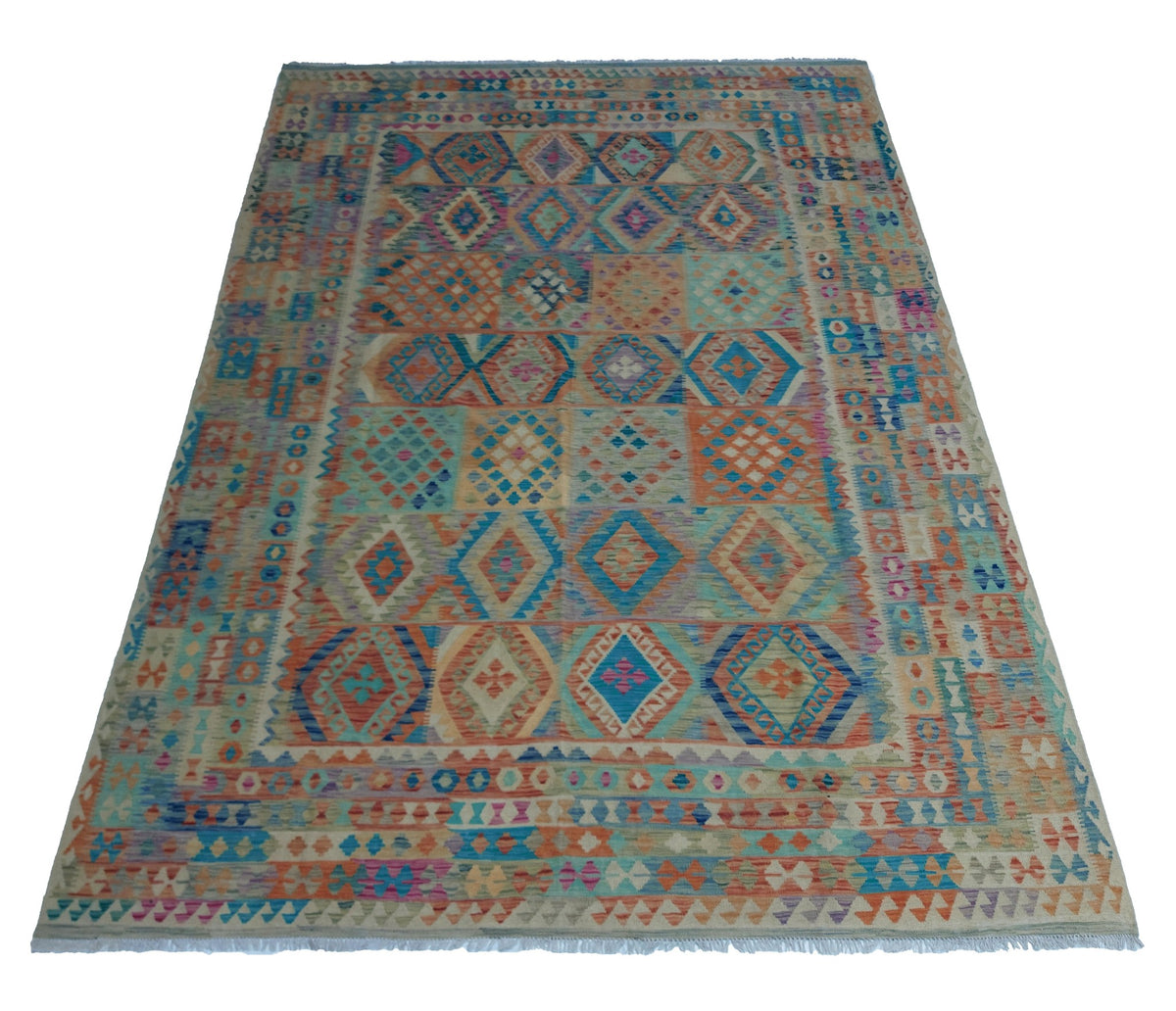 Großer Kelim Teppich in Blau mit Rauten, 349 × 249 cm, KT-Bt-13467-349x249 – Ansicht 2