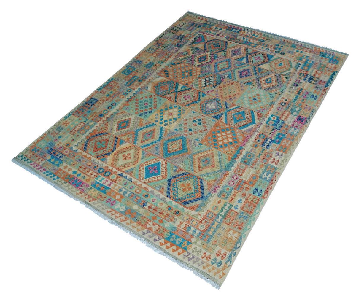 Großer Kelim Teppich in Blau mit Rauten, 349 × 249 cm, KT-Bt-13467-349x249 – Ansicht 3