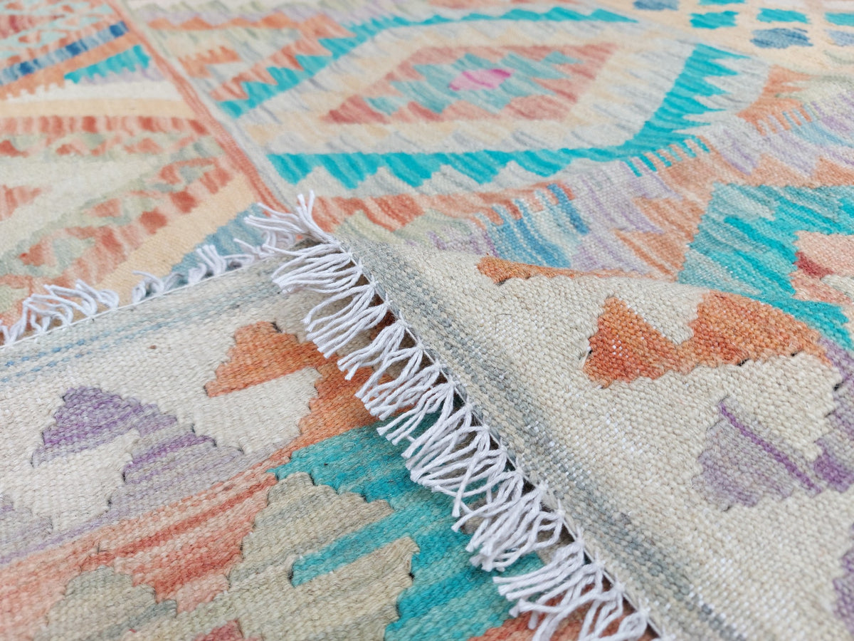 Großer Kelim Teppich in Blau mit Rauten, 349 × 249 cm, KT-Bt-13467-349x249 – Ansicht 6