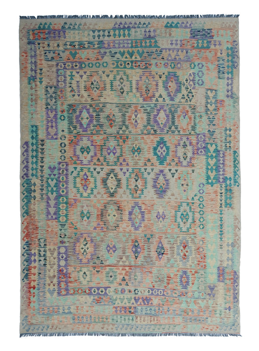 Großer Kelim Teppich in Blaugrün mit Rautenmedaillons, 367 × 270 cm, KT-Bt-13449-367x270 – Gesamtansicht