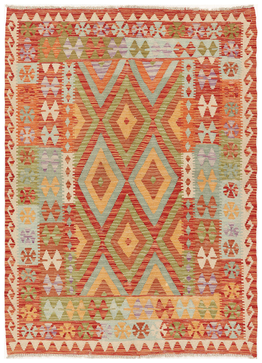 Kelim Teppich mit Rauten in Rot und Grün, 177 × 127 cm, KT-16 – Ansicht 1