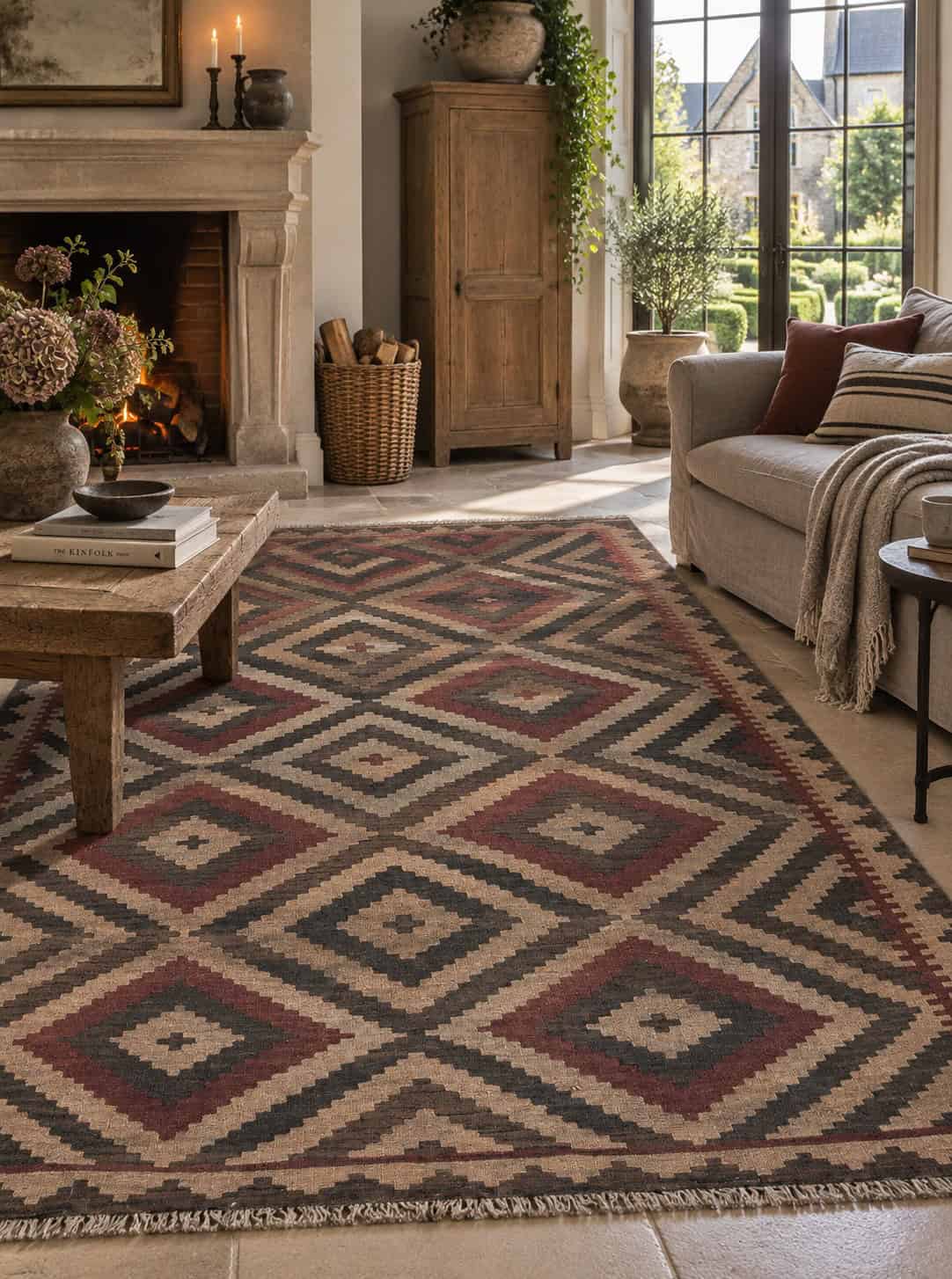 Earth Tone Large Diamond Kilim Rug, 199 × 147 cm — view 1