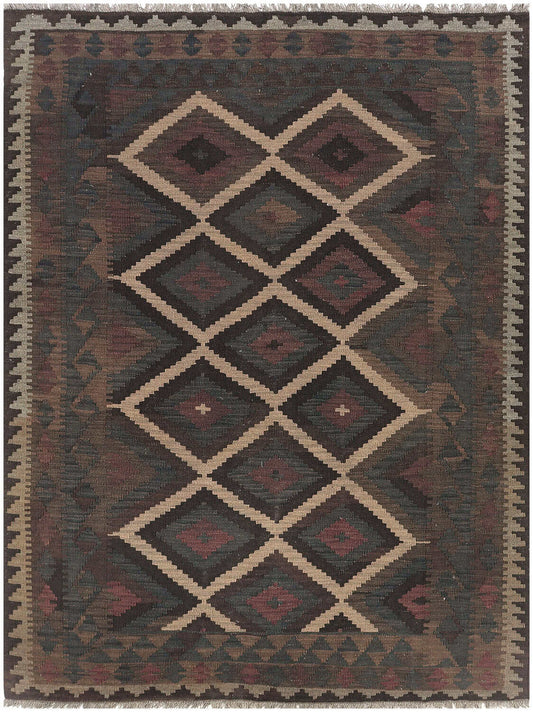 Dunkler Kelim Teppich mit hellen Rautenkonturen, 202 × 150 cm, KT-10696 – Ansicht 1